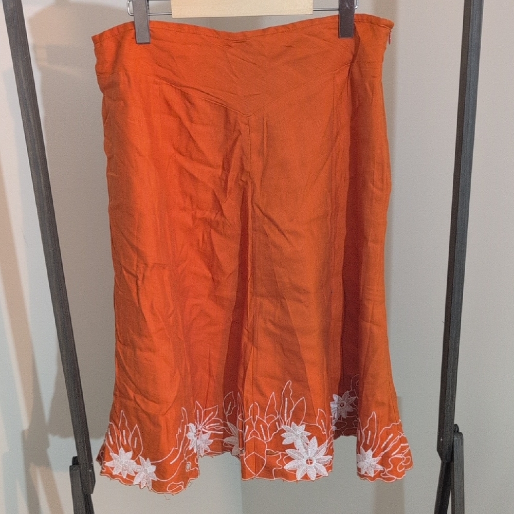 Sherry Taylor| Orange Floral Embroidered Skirt Side Zippered Ramie rayon Blend